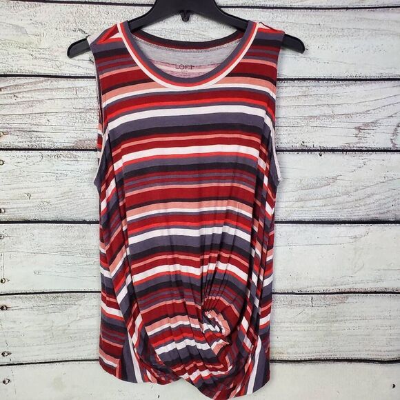 LOFT Outlet Petite Women’s Tank Top Size LP Striped Twist Front Red Gray Sleevel - Picture 1 of 6